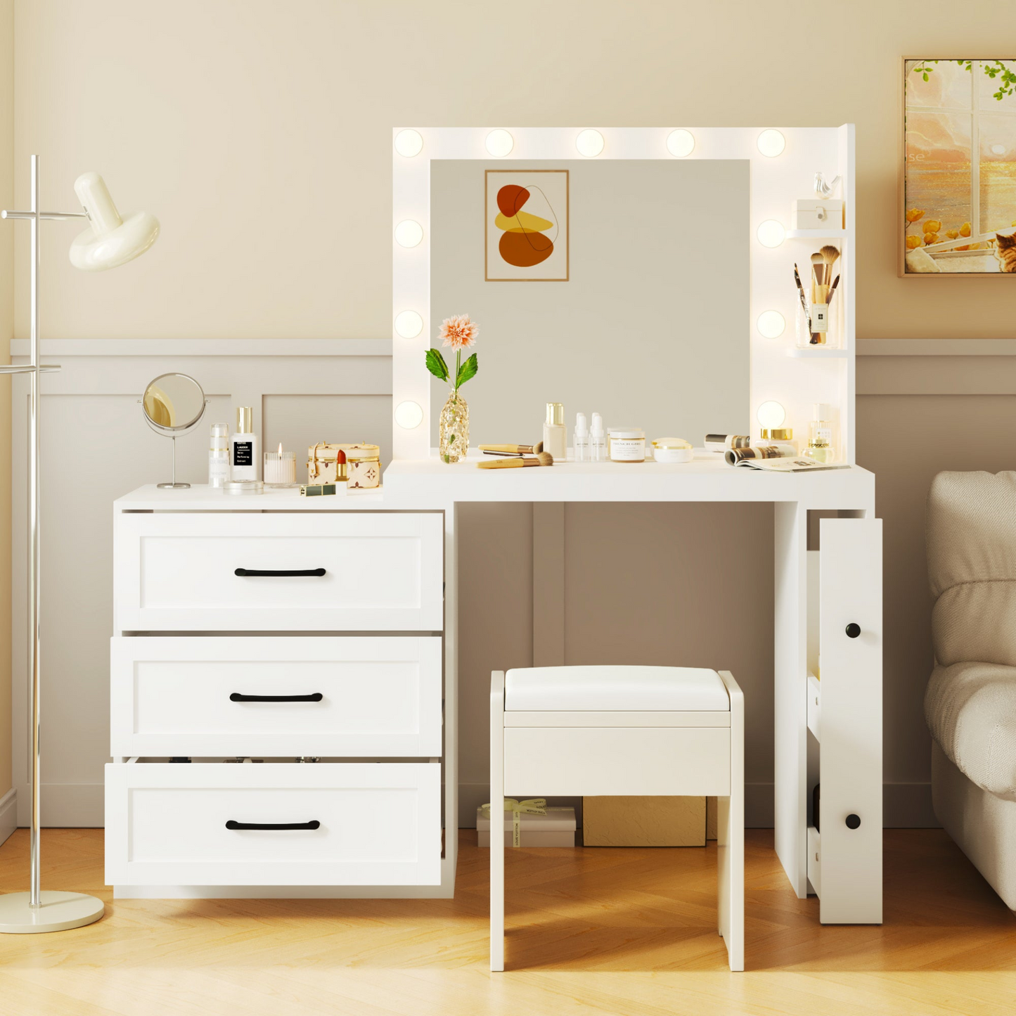 55.2" Vanity Desk with Freely Adjustable Side Cabinet, Makeup Vanity with Hollywood Lights, 5 Storage Drawers & 2-shelves, Modern Dressing Table, White