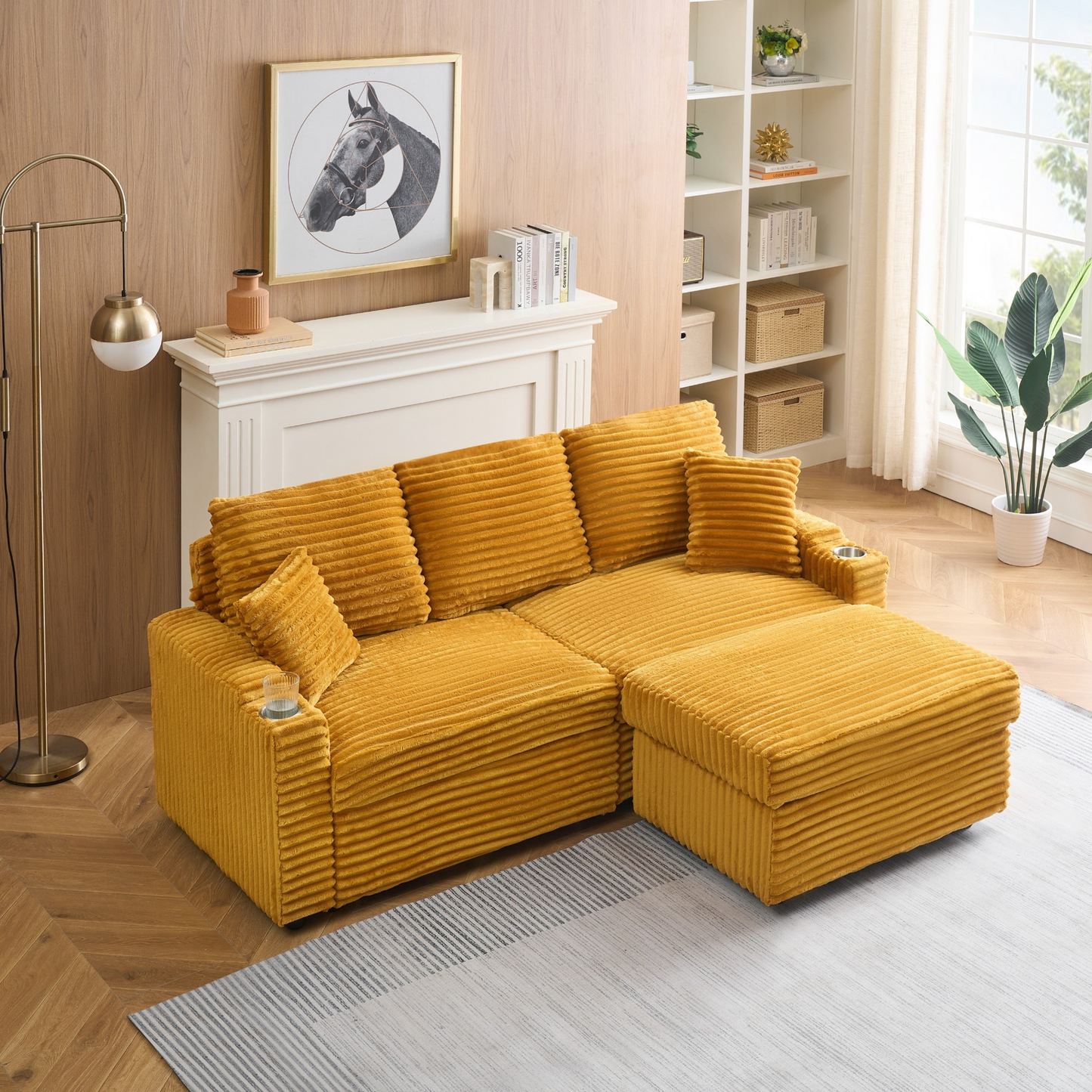 An 80-inch foldable and hidden chaise longue orange corduroy sofa with cup holders on the armrests, a footrest and storage function, which is suitable for the bedroom and living room.