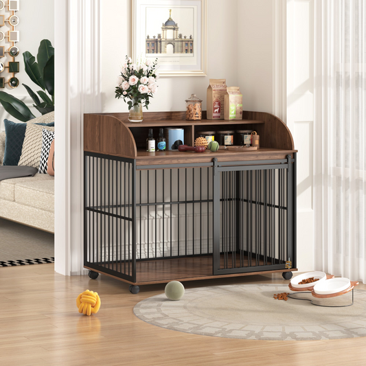 44'' Heavy Duty Large Dog Crate Furniture for Large Medium Dog with Lockable Wheels, Wooden Dog Crate Dog Kennel, End Table Crate with Double layer storage, Brown