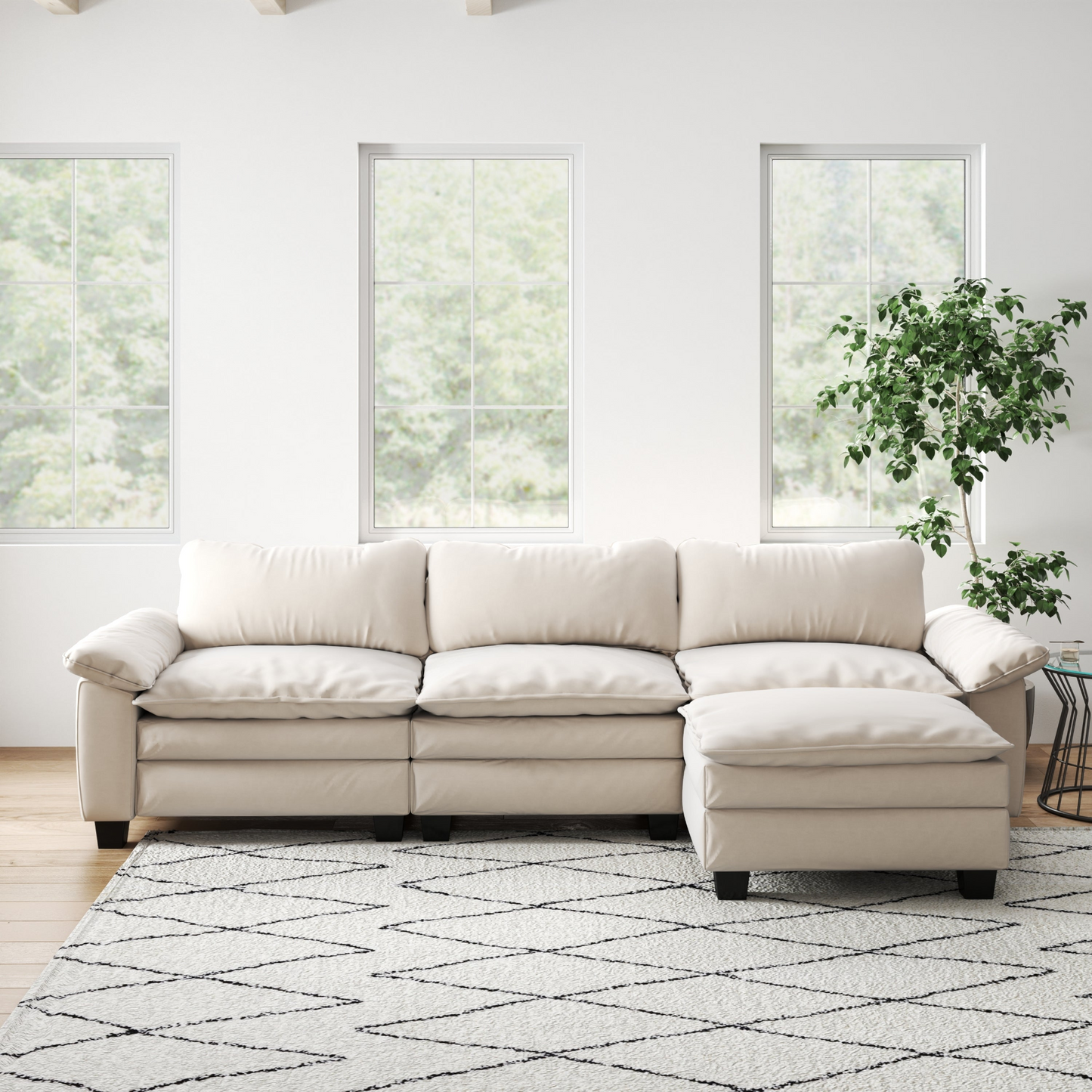 Living Room Furniture Luxury Sectional Sofa Couch with Ottoman Soft Velvet Upholstered Sofa Beige