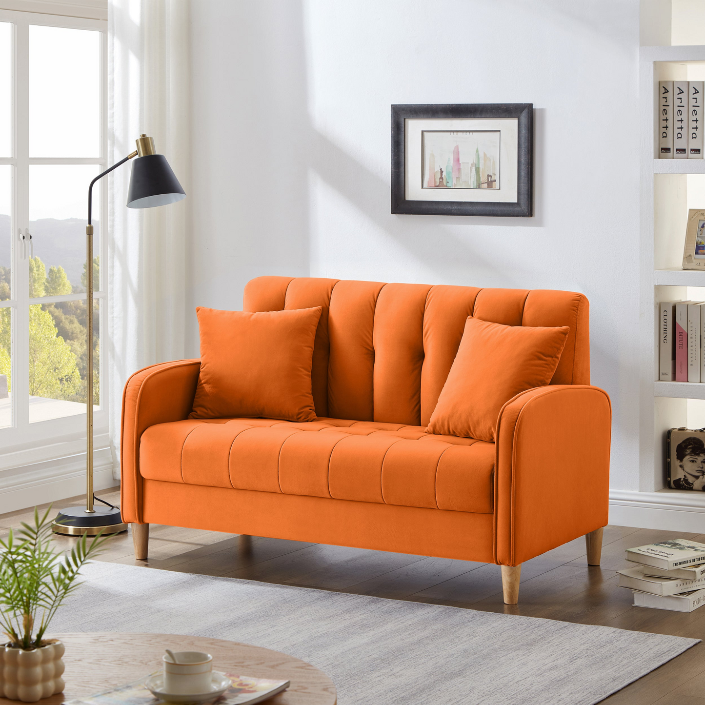 Modern Design Couch for Living Room Department Small Space Loveseat Smooth Velvet Upholstered Tufted Sofa Orange