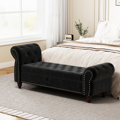 64.5" Bed Bench for Bed Room Nails Tufted Chaise of Lounge with Storage Velvet Upholstery Black