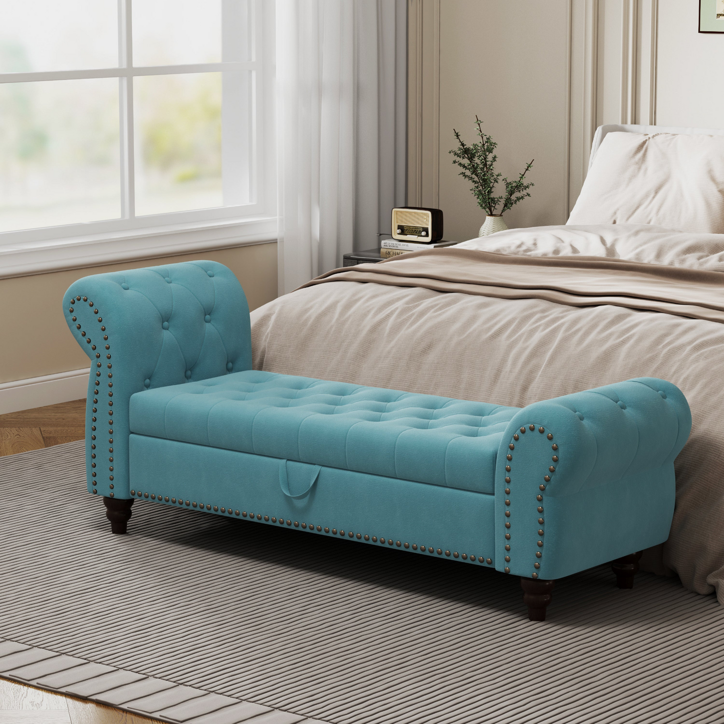 64.5" Bed Bench for Bed Room Nails Tufted Chaise of Lounge with Storage Velvet Upholstery Lake Blue