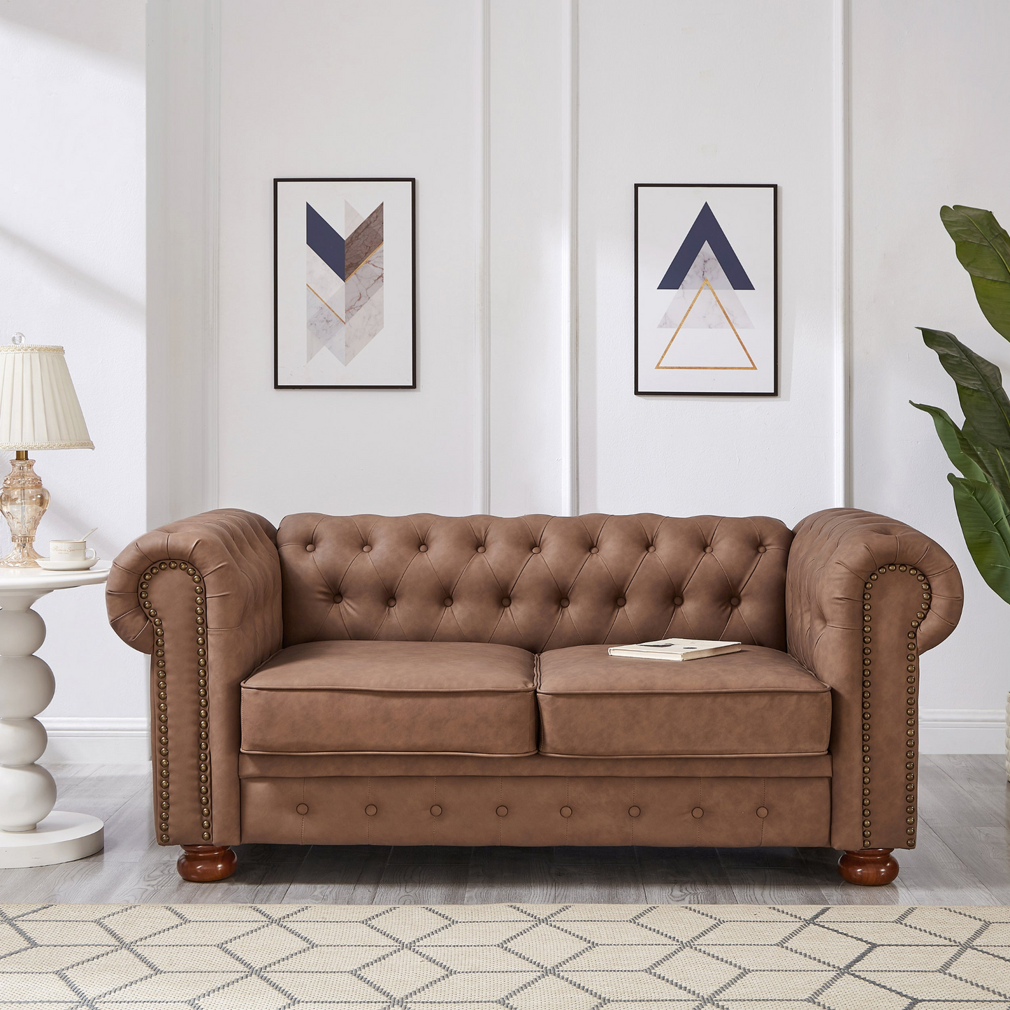 Classic Chesterfield Sofa Loveseat for Living Room Brown Faux Leather