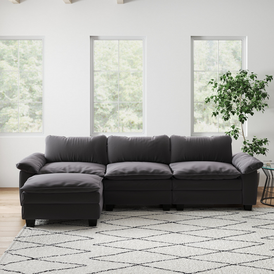 Living Room Furniture Luxury Sectional Sofa Couch with Ottoman Soft Velvet Upholstered Sofa Grey