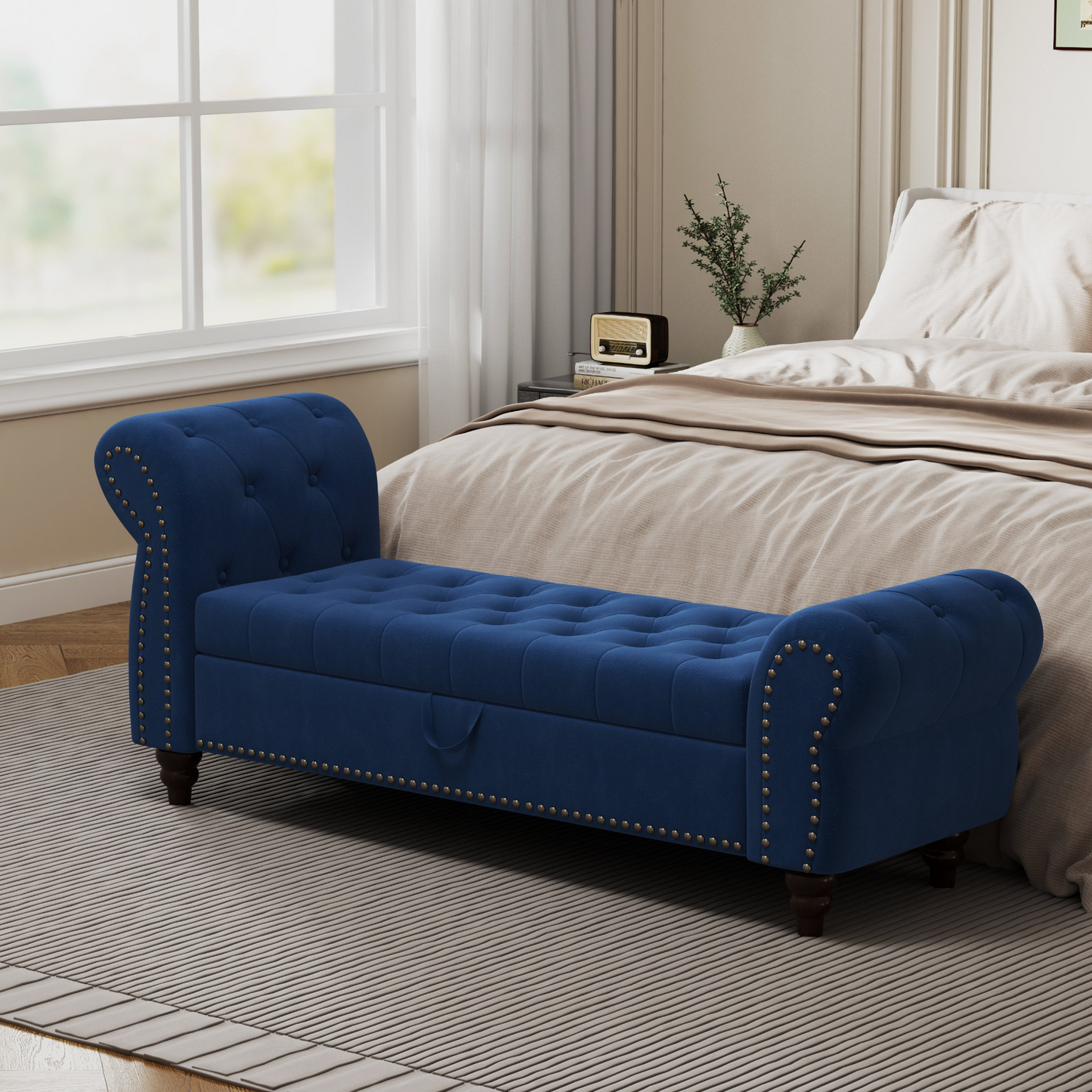 64.5" Bed Bench for Bed Room Nails Tufted Chaise of Lounge with Storage Velvet Upholstery Navy Blue