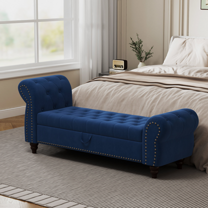 64.5" Bed Bench for Bed Room Nails Tufted Chaise of Lounge with Storage Velvet Upholstery Navy Blue