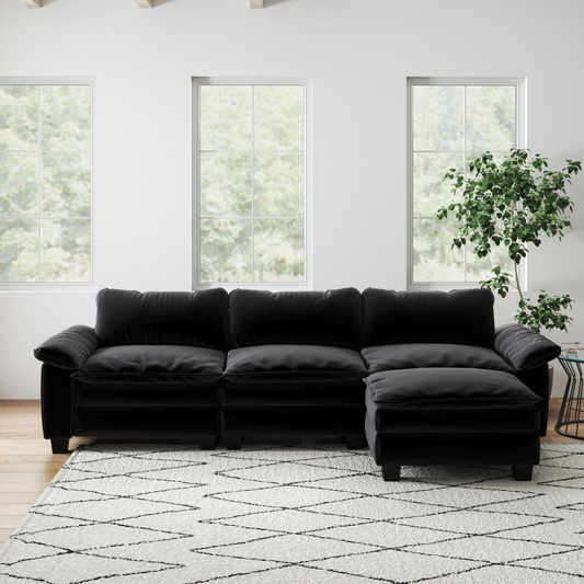 Living Room Furniture Luxury Sectional Sofa Couch with Ottoman Soft Velvet Upholstered Sofa Black