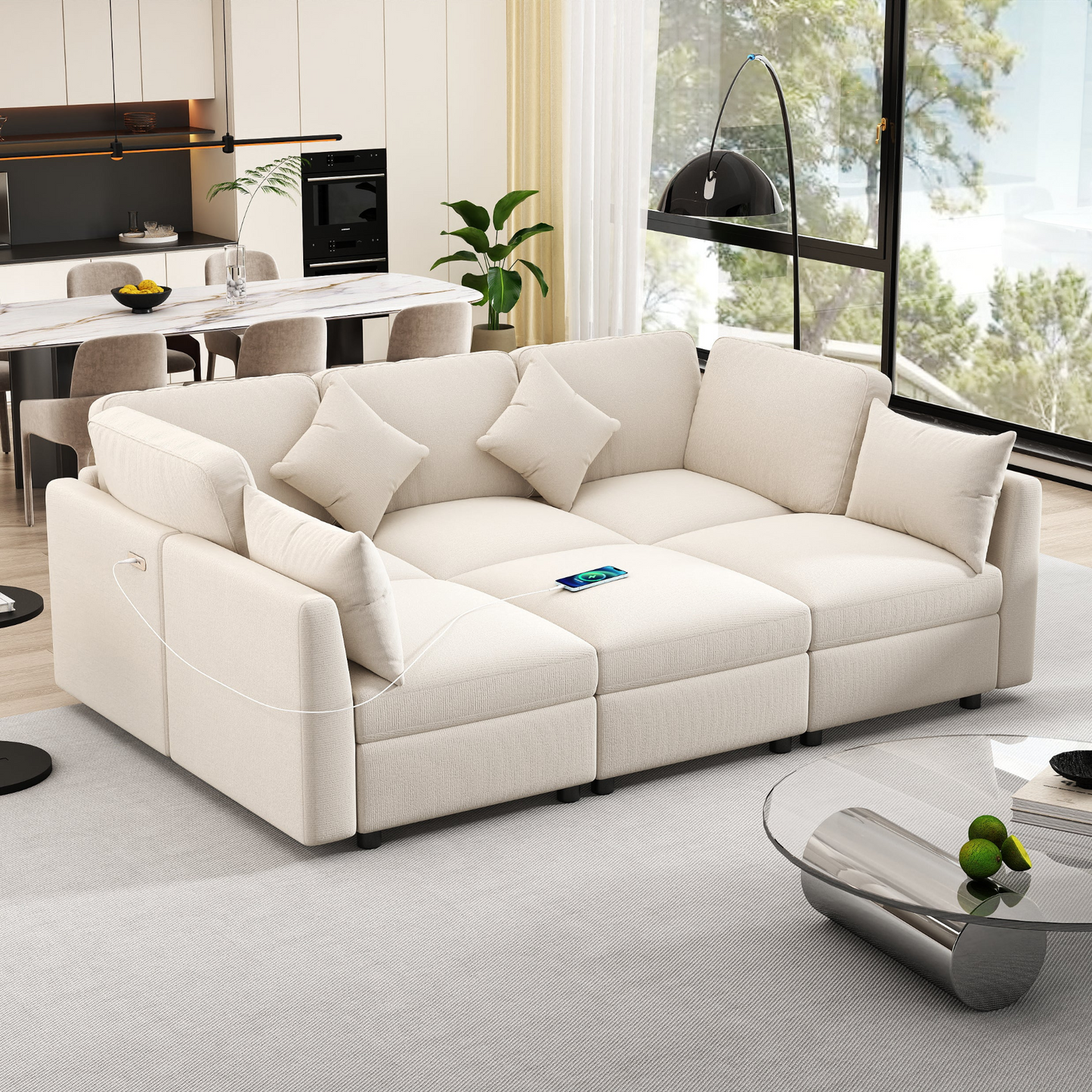 85.4" Sectional Sofa Modular Sofa U-shaped Sofa Couch Sofa Bed L-shaped Sofa with a Movable Ottoman and Two USB Ports for Living Room, Beige