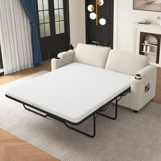 72.8" Corduroy Sleeper Sofa Loveseat Sofa with Full Size Mattress, Two USB Ports, Two Cup Holders, Two Side Pockets and a Phone Holder for Living Room, Beige