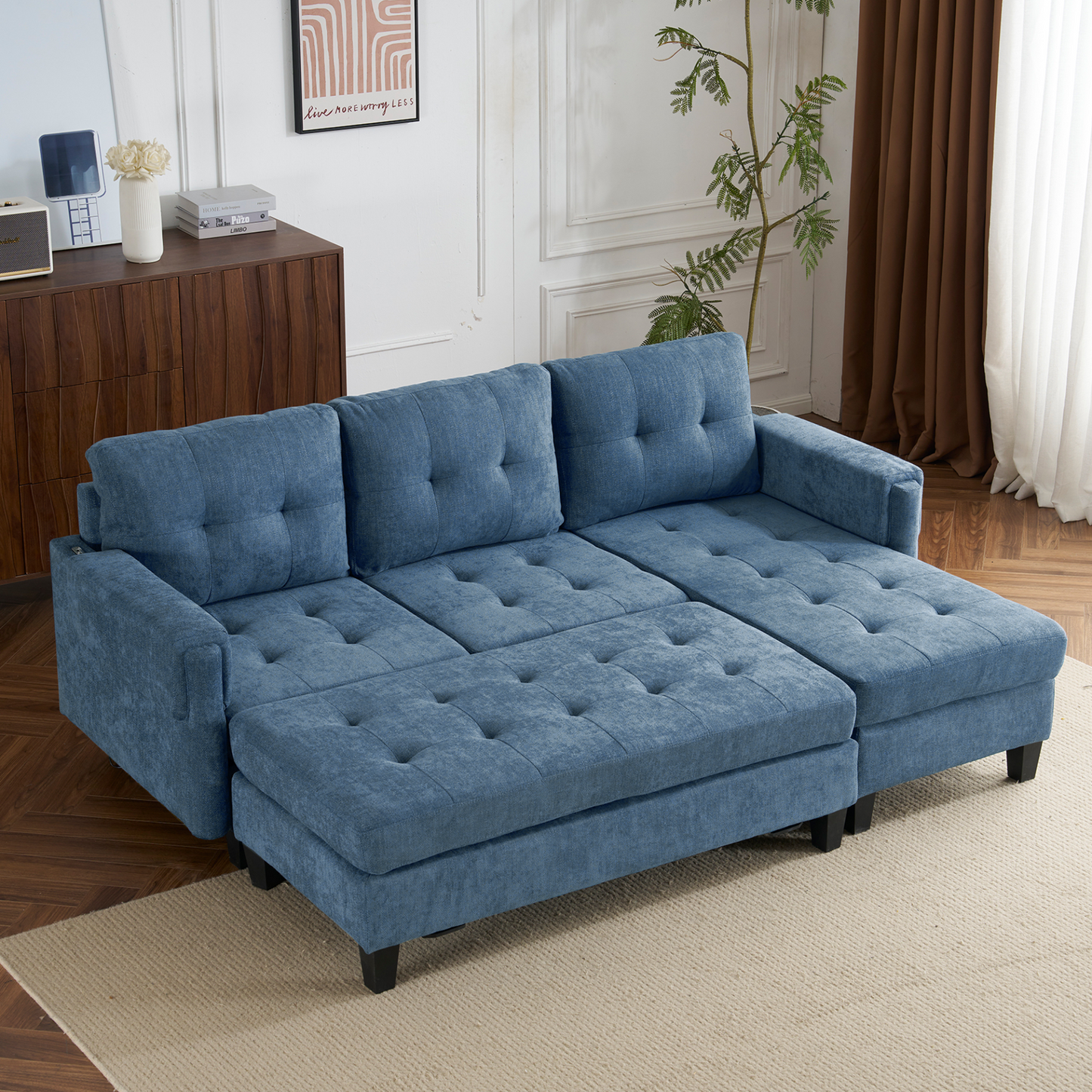 83.4" L-shaped Sofa Sectional Couch Sofa Bed with Two USB Ports, a Movable Ottoman and a Reversible Chaise Lounge for Living Room, Navy Blue