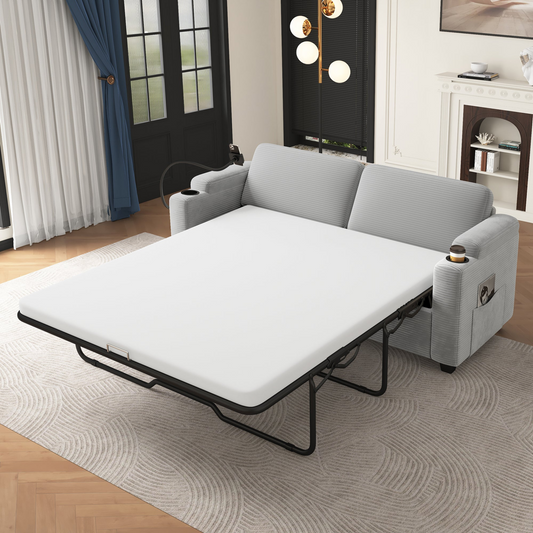 72.8" Corduroy Sleeper Sofa Loveseat Sofa with Full Size Mattress, Two USB Ports, Two Cup Holders, Two Side Pockets and a Phone Holder for Living Room, Grey
