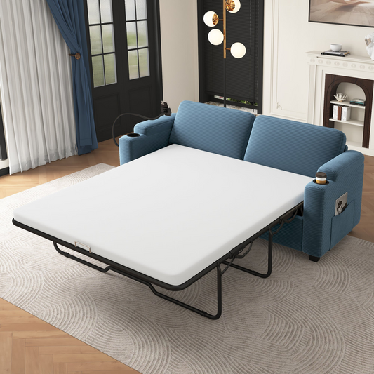 72.8" Corduroy Sleeper Sofa Loveseat Sofa with Full Size Mattress, Two USB Ports, Two Cup Holders, Two Side Pockets and a Phone Holder for Living Room, Navy Blue