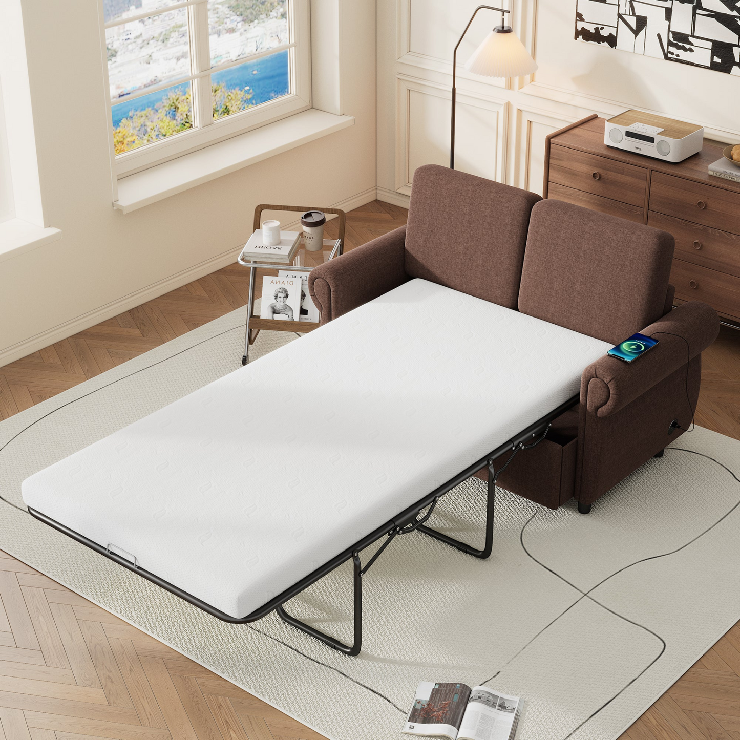 57.9 Pull Out Sofa Bed  Loveseat Sleeper with Twin Size Memory Mattress with Two USB Ports for Living Room Spaces  (Old SKU:WF305474AAD), Brown