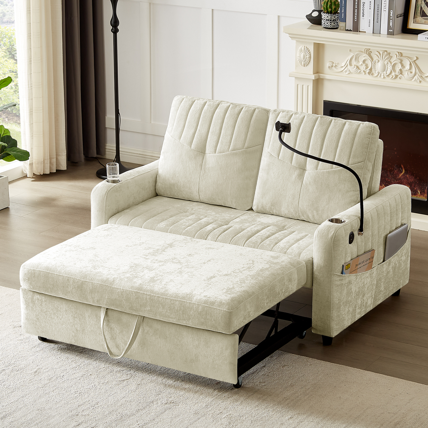53.9" Modern Loveseat Pull-out Sofa Bed with Adjustable Backrest, Two Cup Holders , a Phone Holder, Three Charging Ports and Side Storage Pockets for Living Room, Beige