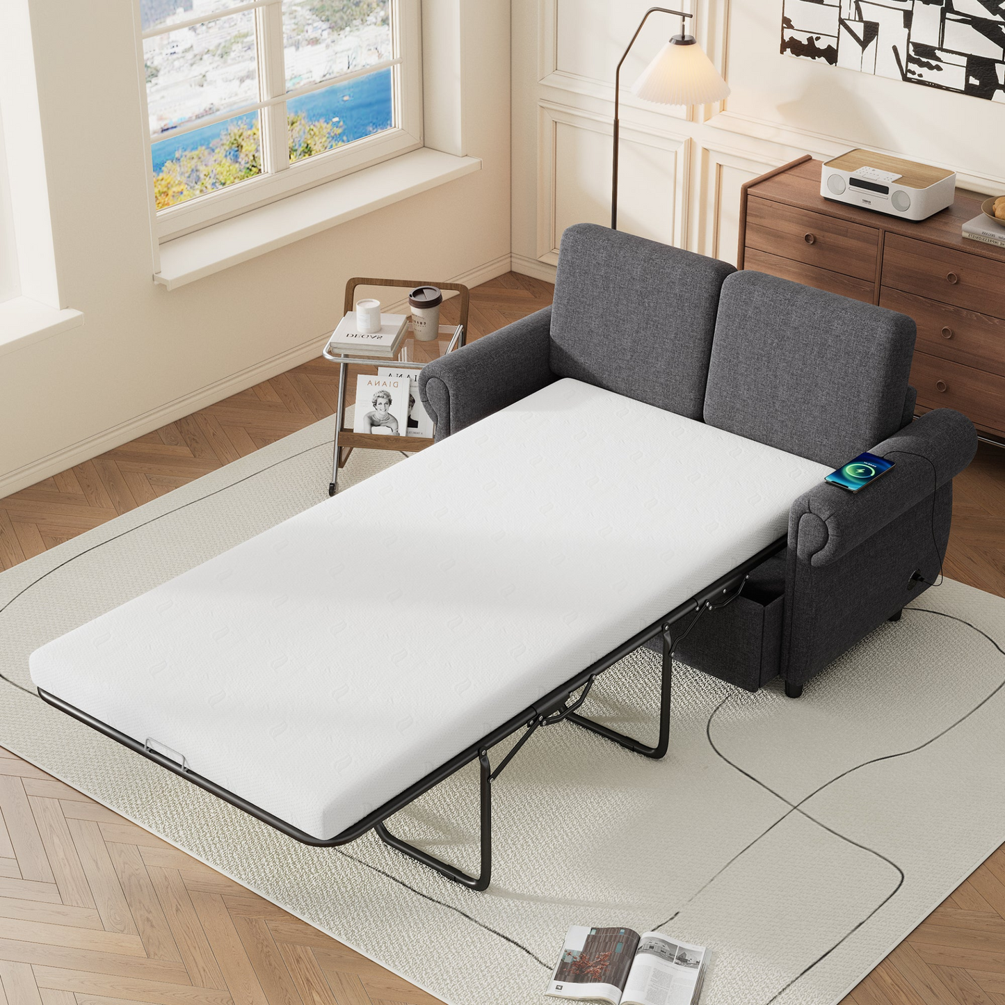 57.9" Pull Out Sofa Bed  Loveseat Sleeper with Twin Size Memory Mattress with Two USB Ports for Living Room Spaces (Old SKU:WF305474AAE), Grey