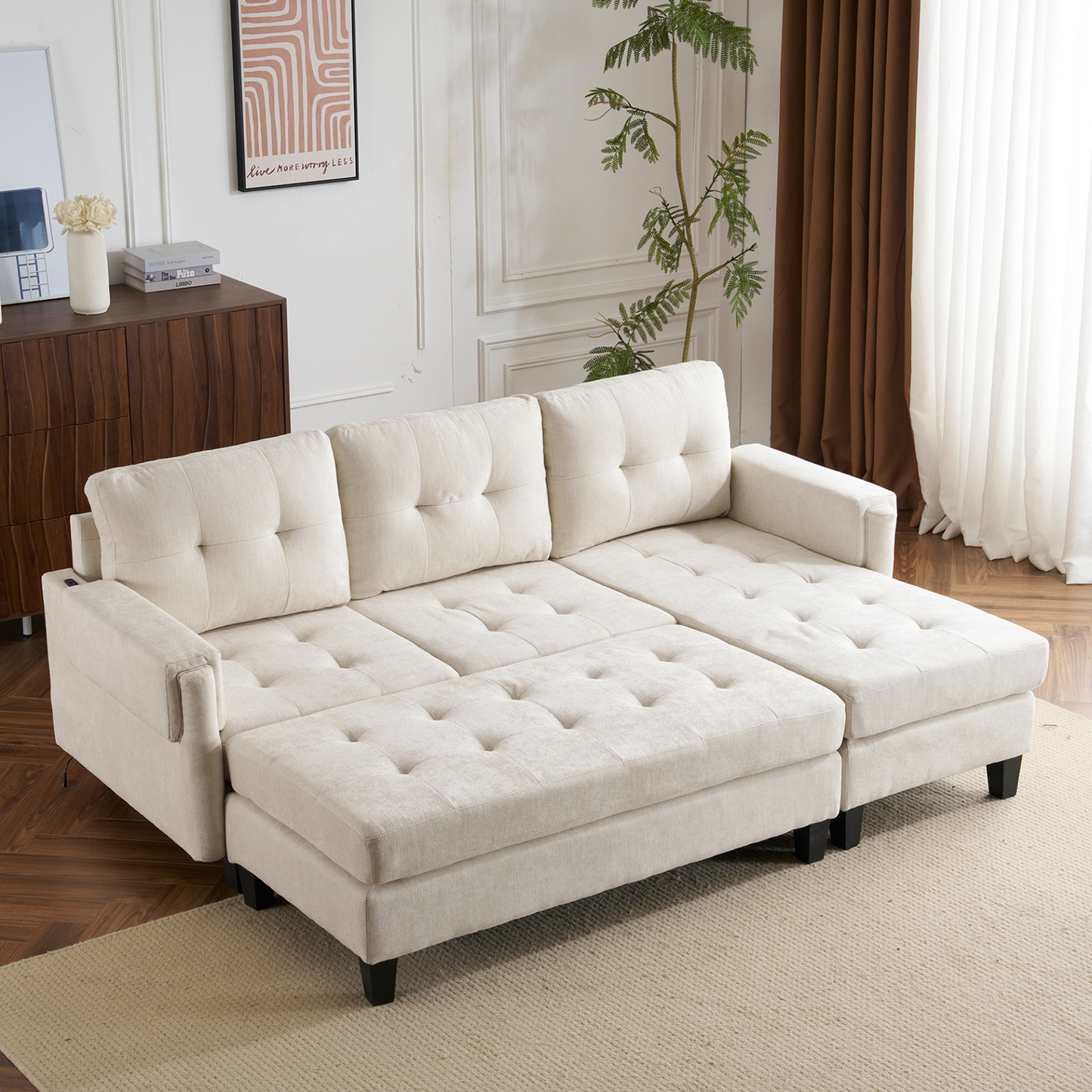 83.4" L-shaped Sofa Sectional Couch Sofa Bed with Two USB Ports, a Movable Ottoman and a Reversible Chaise Lounge for Living Room, Beige