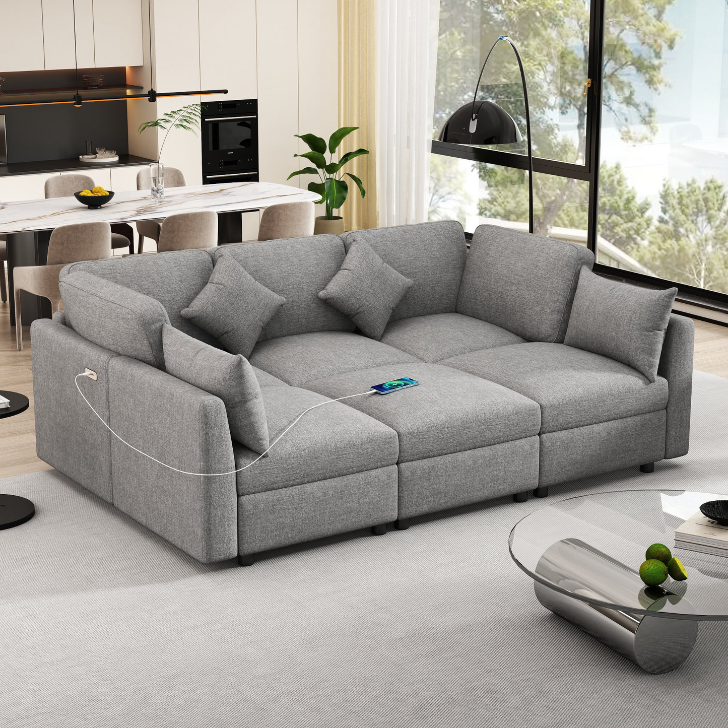 85.4" Sectional Sofa Modular Sofa U-shaped Sofa Couch Sofa Bed L-shaped Sofa with a Movable Ottoman and Two USB Ports for Living Room, Light Grey
