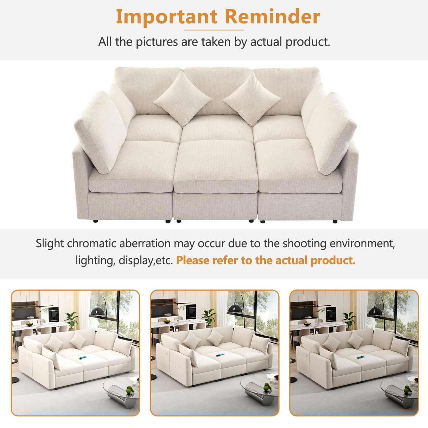 85.4" Sectional Sofa Modular Sofa U-shaped Sofa Couch Sofa Bed L-shaped Sofa with a Movable Ottoman and Two USB Ports for Living Room, Beige