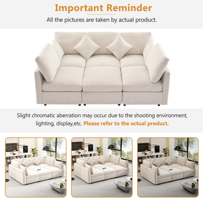 85.4" Sectional Sofa Modular Sofa U-shaped Sofa Couch Sofa Bed L-shaped Sofa with a Movable Ottoman and Two USB Ports for Living Room, Beige