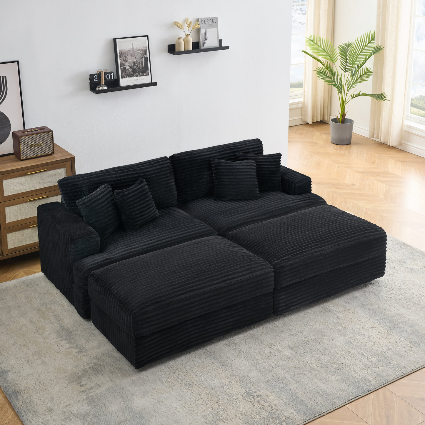 82 inches black corduroy sofa, two storage feet +4 throw pillows, create a living room, office fashion new darling!