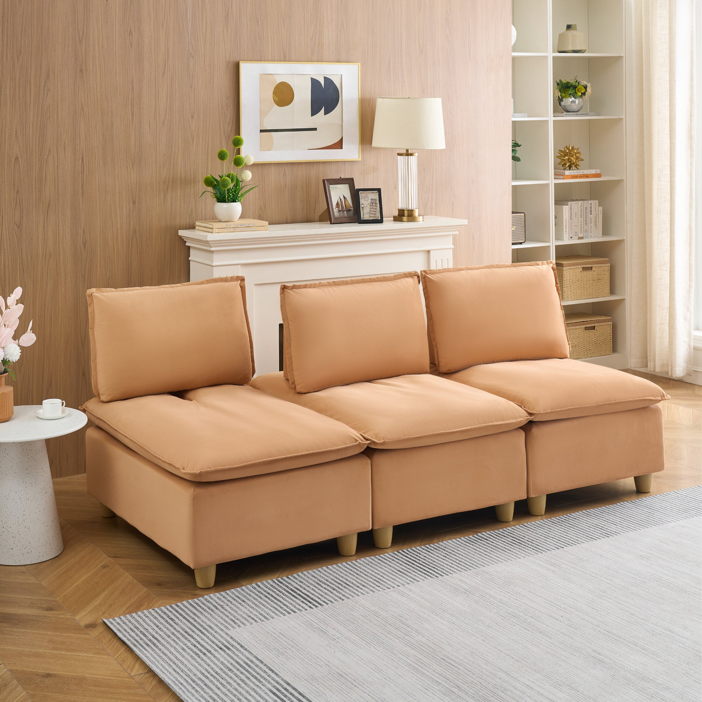 88-inch simple, modern and ultra-comfortable straight-row three-seater pumpkin-colored flannel sofa is suitable for living rooms, bedrooms and balconies.