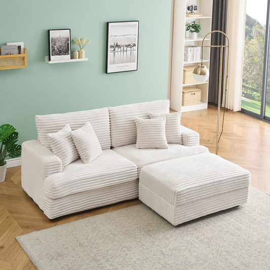 82 inches white corduroy sofa, storage feet +4 throw pillows, create a living room, office fashion new darling!