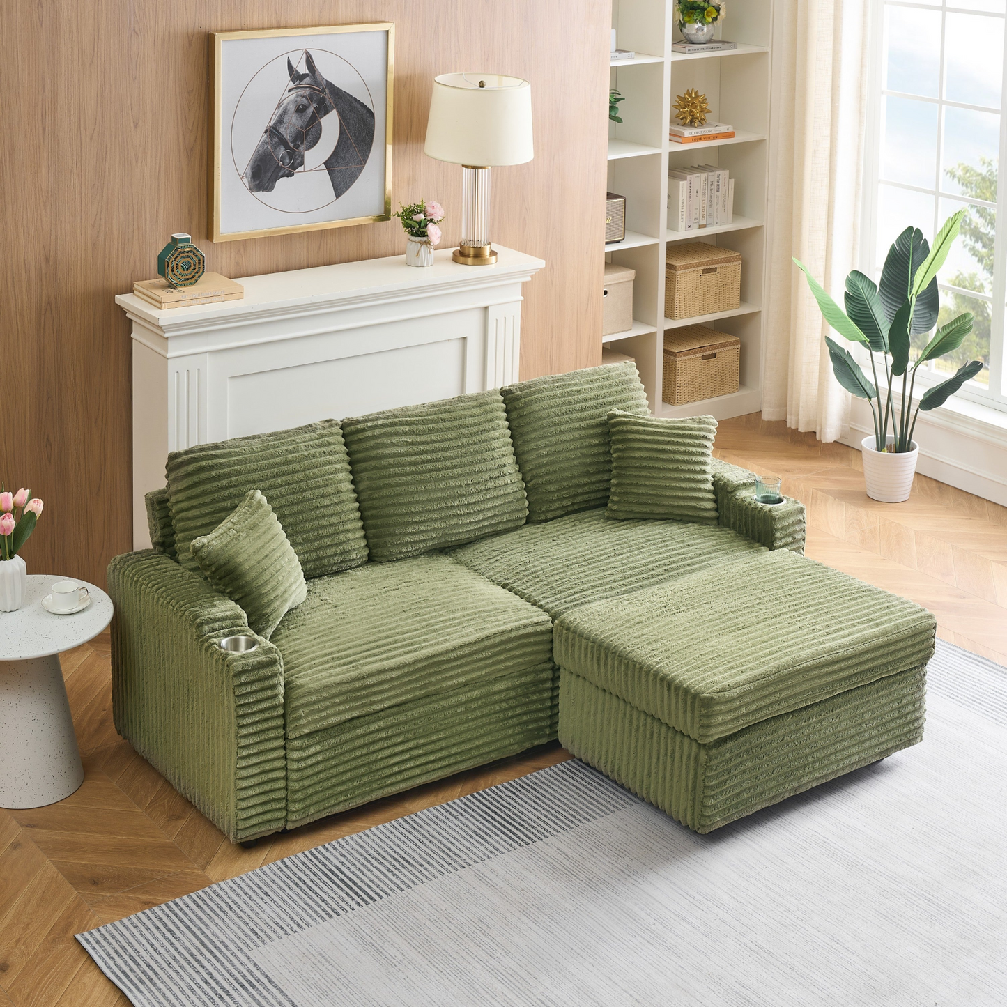 An 80-inch foldable and hidden chaise longue with cup holders, a footrest, storage function and the ability to be used as a bed, green corduroy sofa, which is suitable for the bedroom and living room.