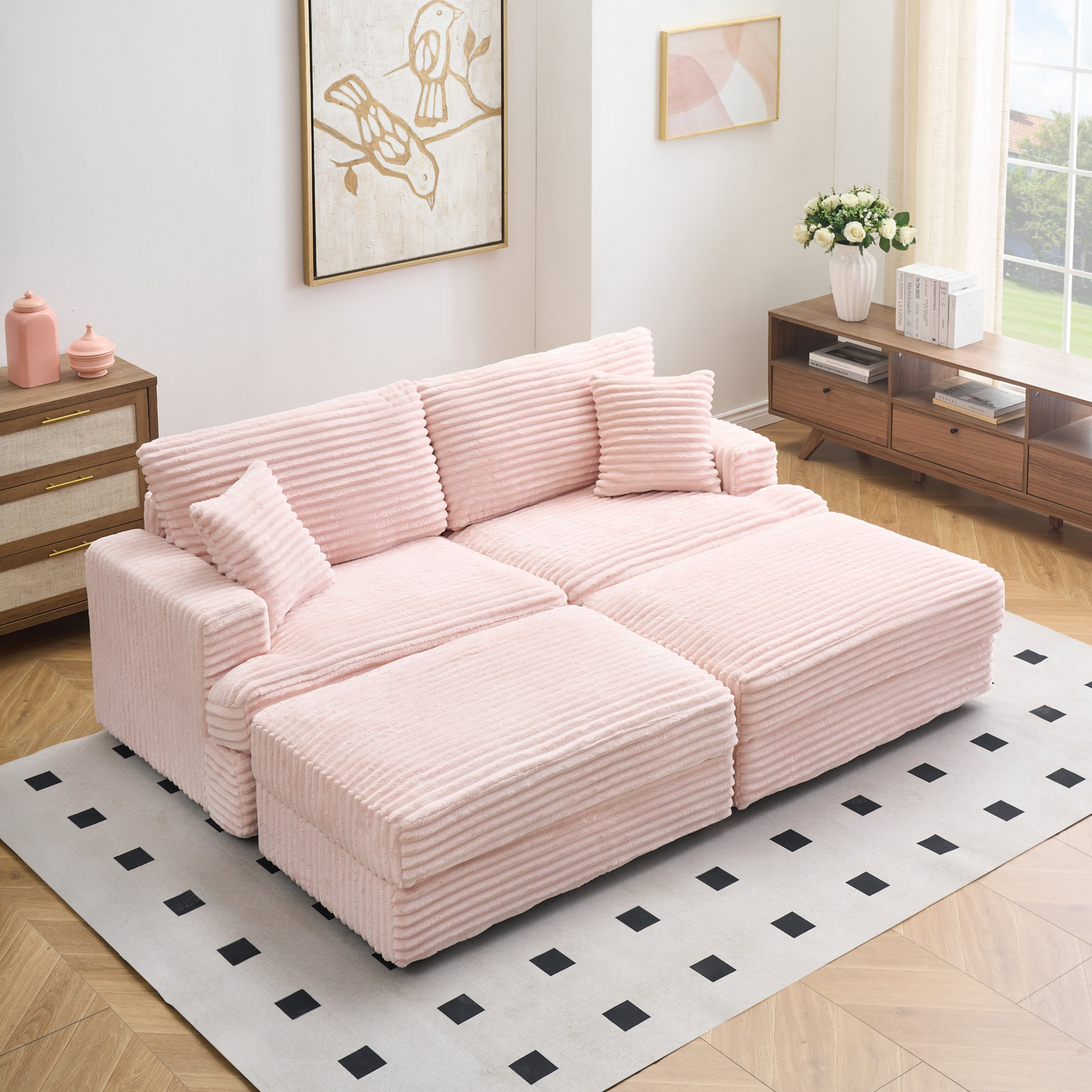 82 inches pink corduroy sofa, two storage feet +4 throw pillows, create a living room, office fashion new darling!