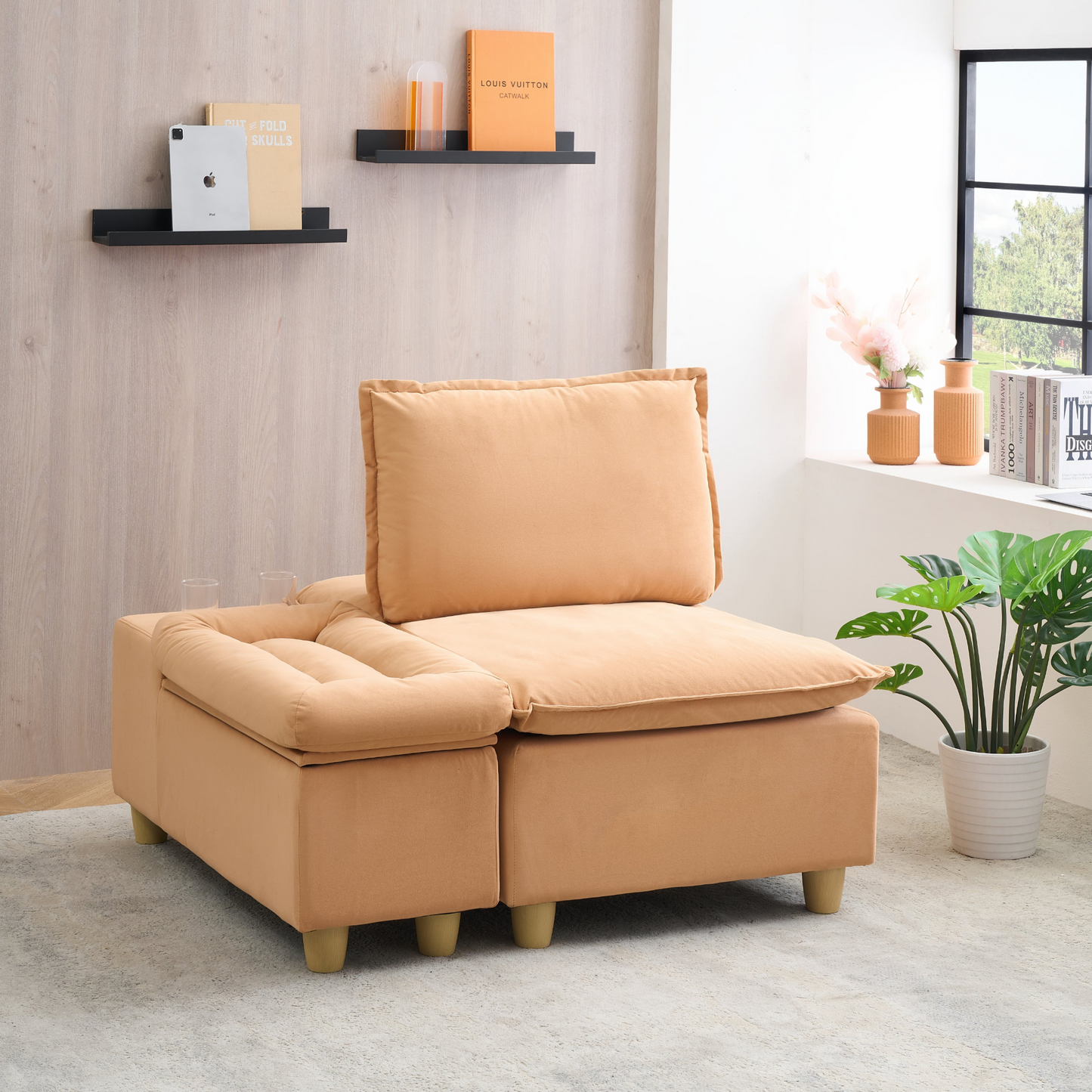 44.29-inch pumpkin-colored flannel single sofa with a movable storage cabinet and cup holders, which is suitable for the living room and balcony.