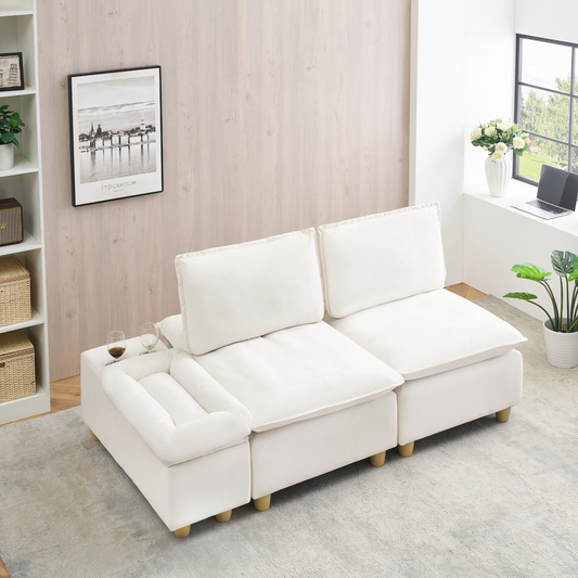 74-inch fashionable and minimalist double-seer off-white flannel sofa with cup holders, an adjustable backrest and storage compartments is suitable for the living room, bedroom and balcony.