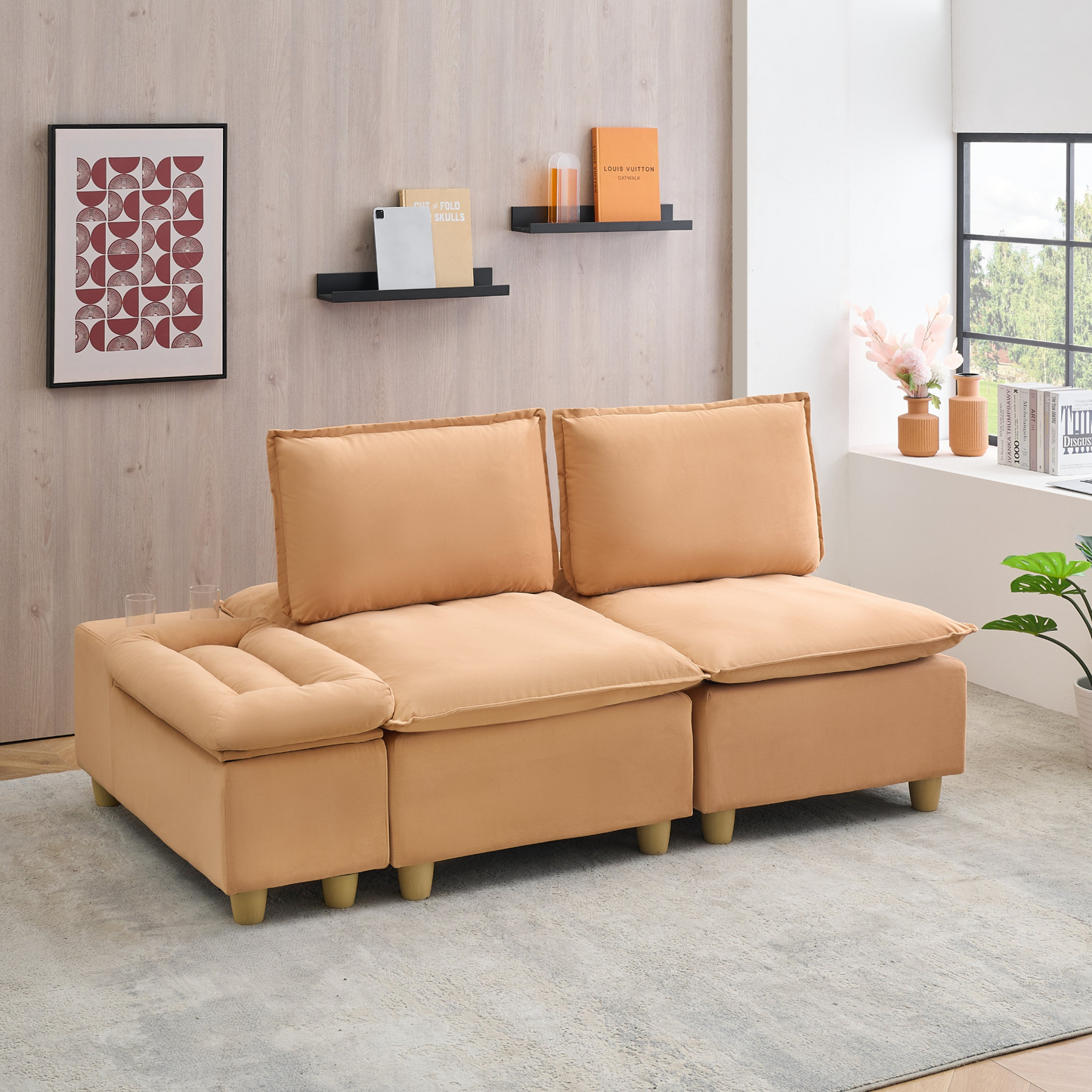 74-inch fashionable and minimalist double-seater pumpkin-colored flannel sofa with cup holders, an adjustable backrest and storage compartments is suitable for living rooms, bedrooms and balconies.