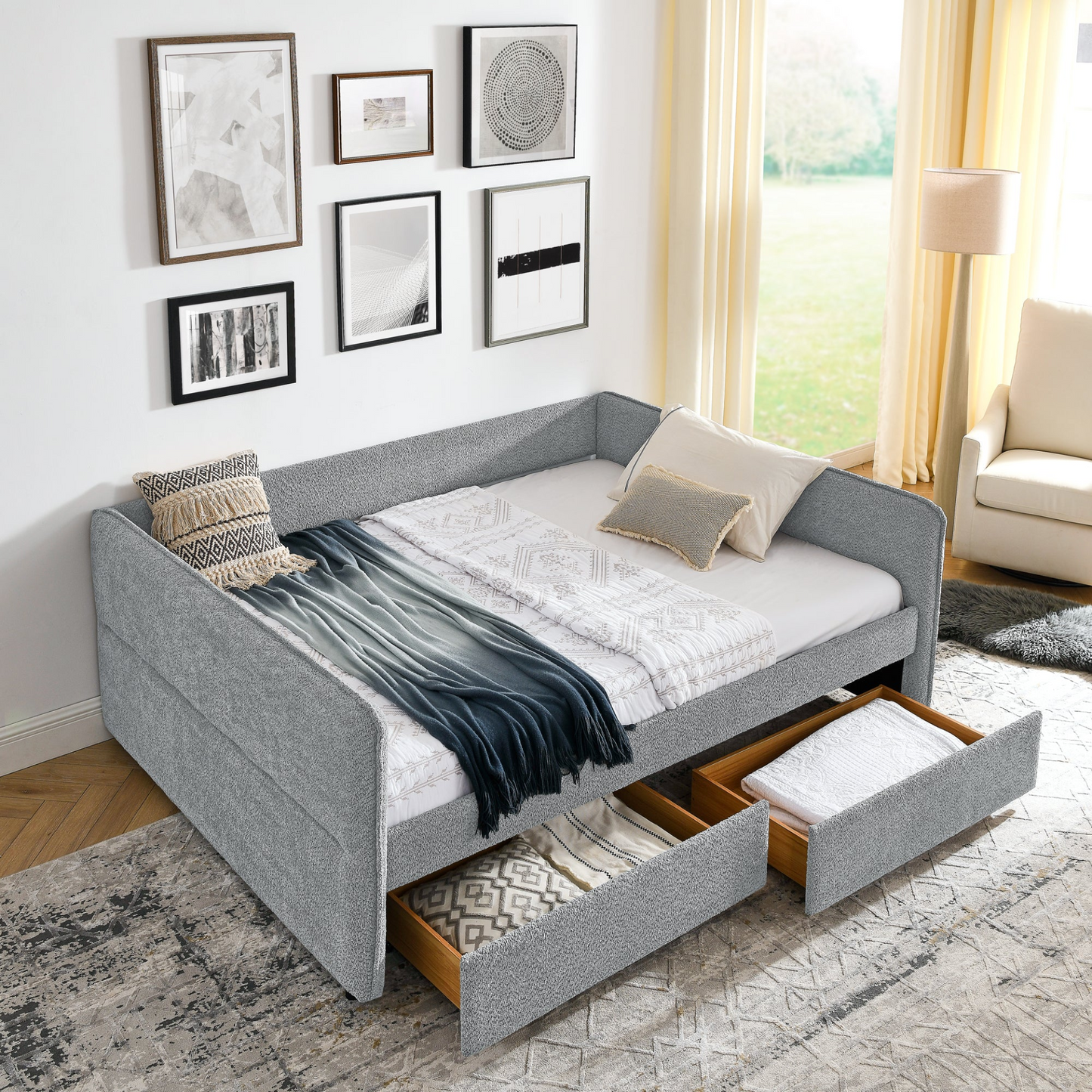 Daybed with Trundle Upholstered Tufted Sofa Bed, with Two Drawers, Queen Size, Boucle Fabric, Grey(88"x65.5"x29.5")