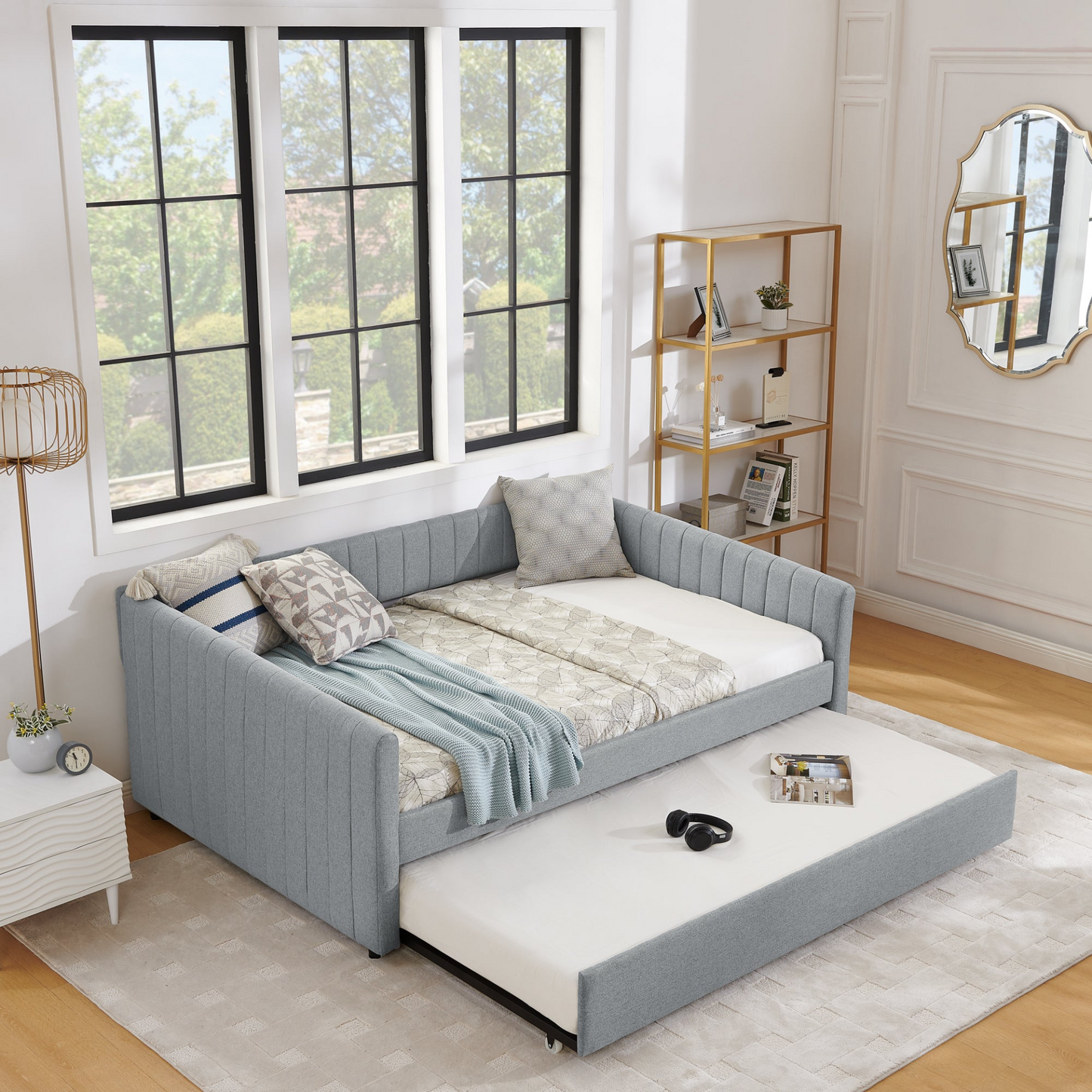 Full Size Daybed with Trundle Upholstered Sofa Bed, with Vertical Stripes, Linen Fabric, Grey (82.5"x58"x30")