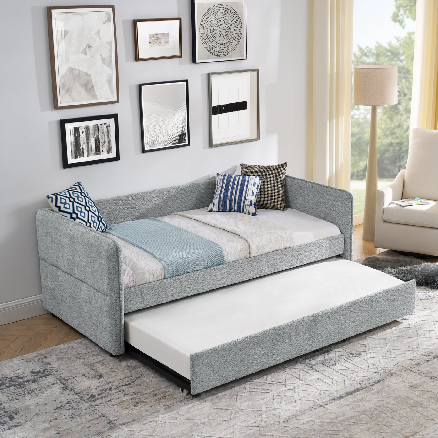 Daybed with Trundle Upholstered Tufted Sofa Bed, Twin Size, Boucle Fabric, Grey(83"x43"x29.5")