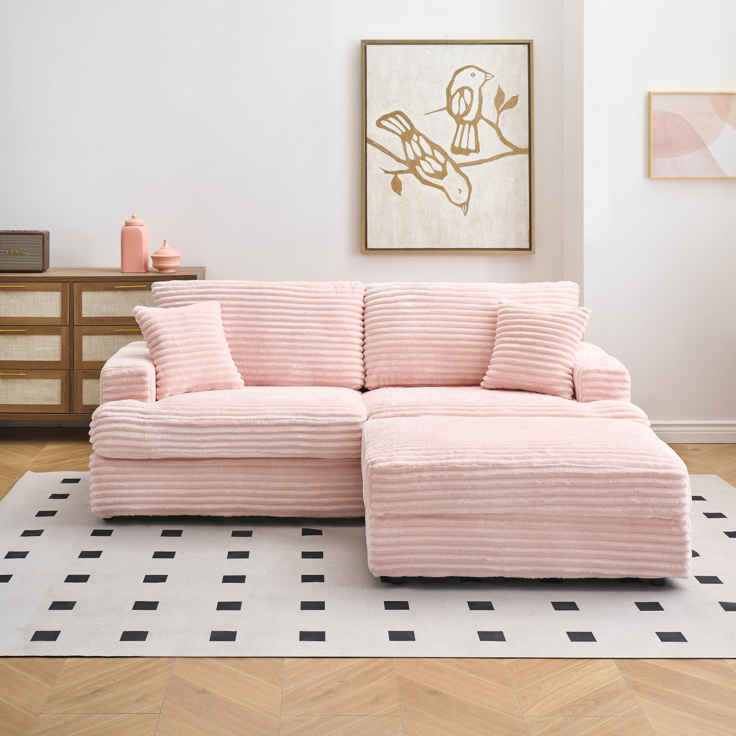 82 inches pink corduroy sofa, storage feet +4 throw pillows, pink romantic, light up the space, create a fashionable living room new darling