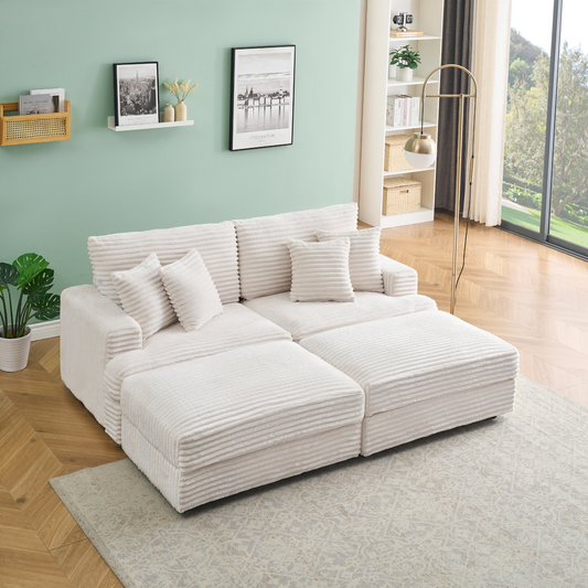 82 inches beige corduroy sofa, two storage feet +4 throw pillows, create a living room, office fashion new darling!