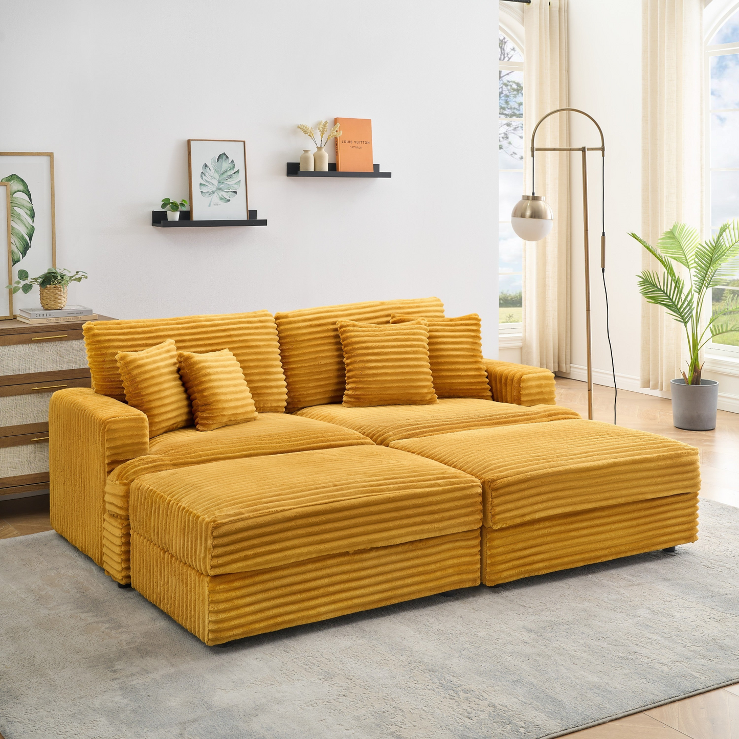 82 inches orange corduroy sofa, two storage feet +4 throw pillows, create a living room, office fashion new darling!