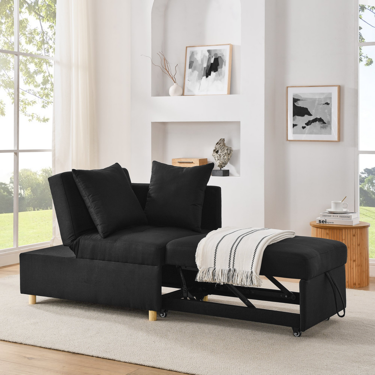 Convertible Sleeper Sofa Chair Adjustable Backrest Recliner with Pullout Sofa Bed with Wheels, Modern Linen Fabric for Living Room for Tight Spaces, Black