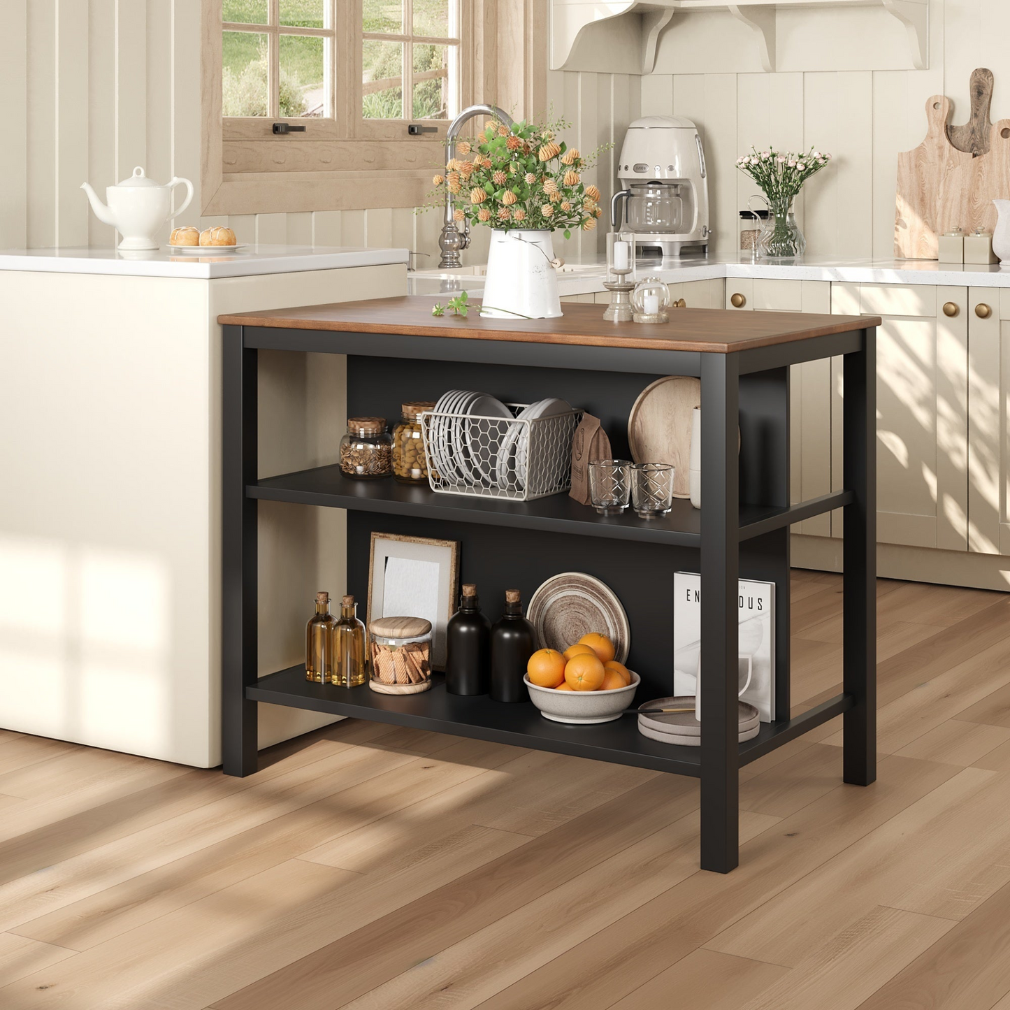 Solid Wood Rustic 45" Stationary Kitchen Island, Rubber Wood Butcher Block Dining Table Prep Table with 2 Open Shelves for Small Places,Walnut+Black