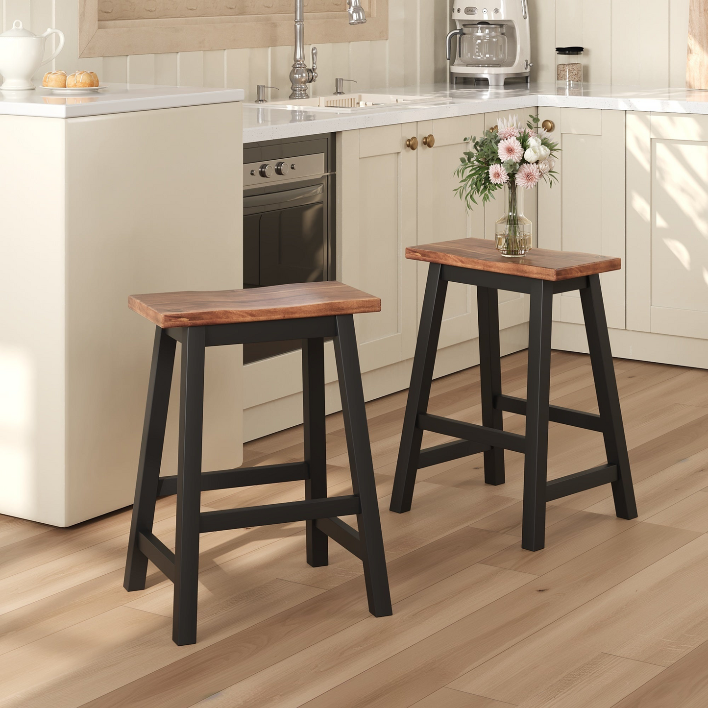 Farmhouse Rustic 2-piece Counter Height Wood Kitchen Dining Stools for Small Places, Walnut+Black