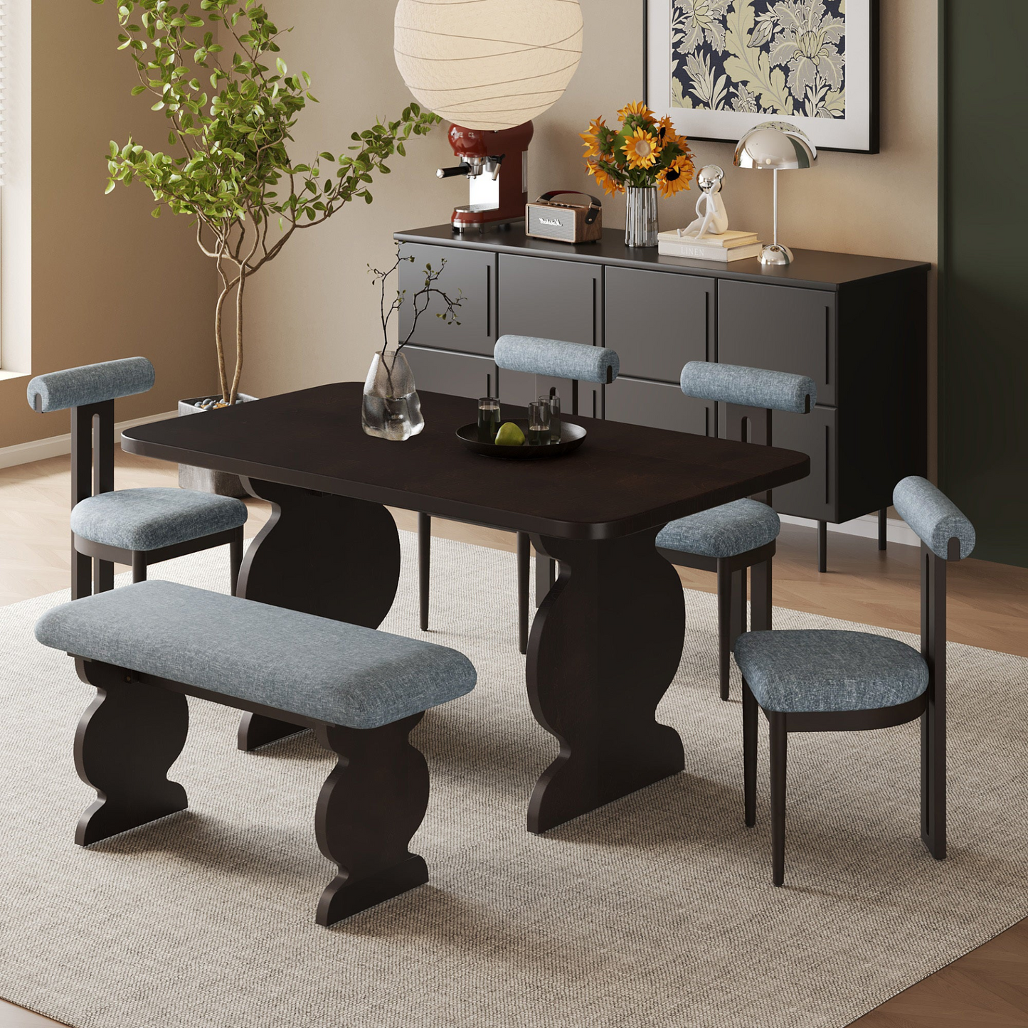 6-Piece Dining Set, Mid-Century Modern Table Set for 6 Persons with 4 Chairs and Bench, Padded Seats and Backrest, Espresso