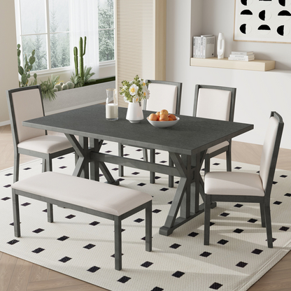 Farmhouse Classical 6-Piece Dining Table Set with Trestle Legs,Kitchen Table Set for 6 with 4 Upholstered Dining Chairs and Bench, Grey