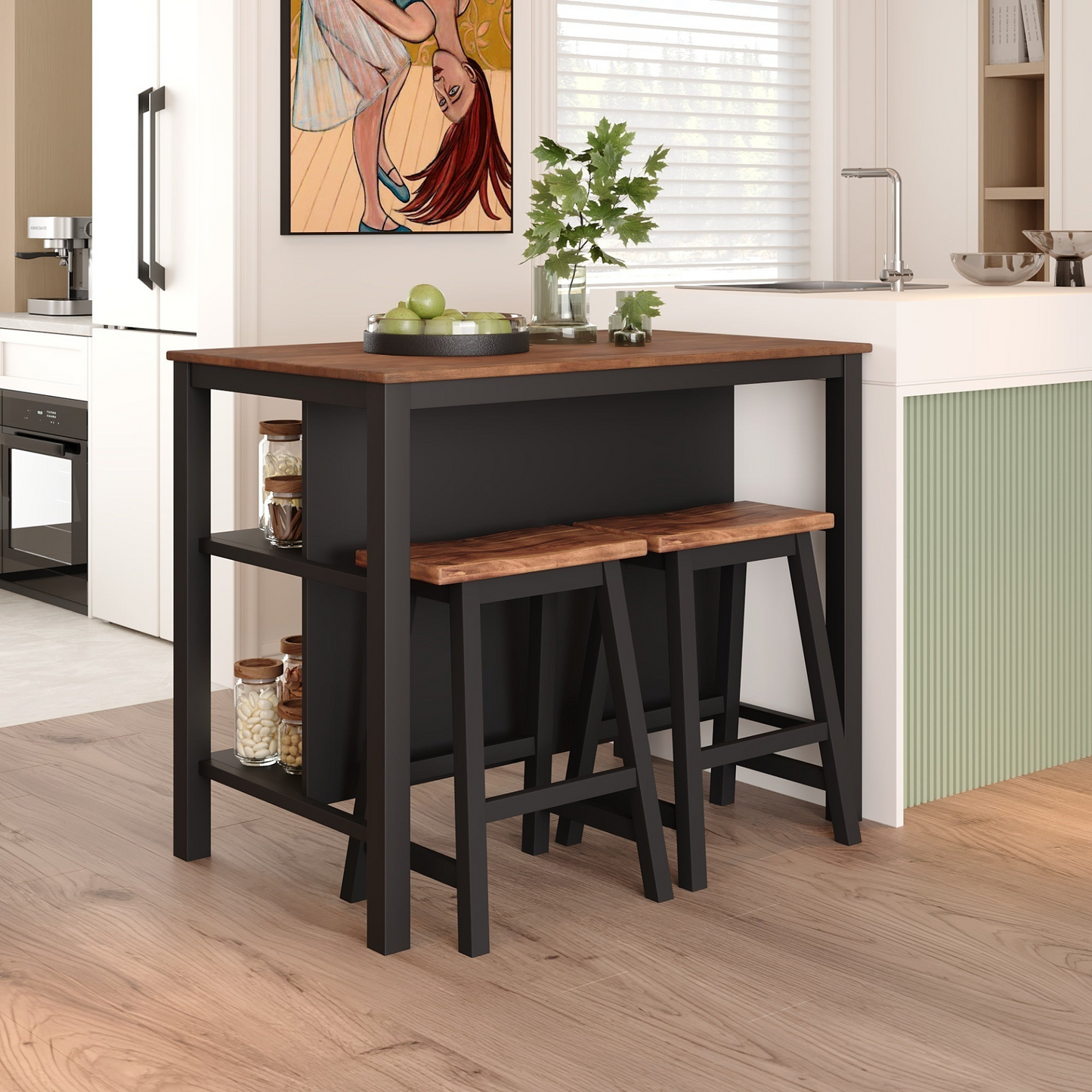 Solid Wood Rustic 3-piece 45" Stationary Kitchen Island Set with 2 Seatings, Rubber Wood Butcher Block Dining Table Set Prep Table Set with 2 Open Shelves for Small Places,Walnut+Black