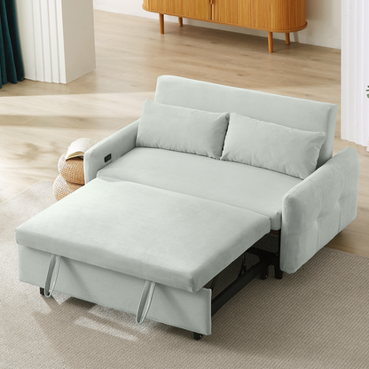 57.48" Pull-out Sofa Bed Convertible Couch 2 Seat Loveseat Sofa Modern Sleeper Sofa with Two Throw Pillows and USB Ports for Living Room, Light Grey-Green(Old Sku:WF317760AAE)