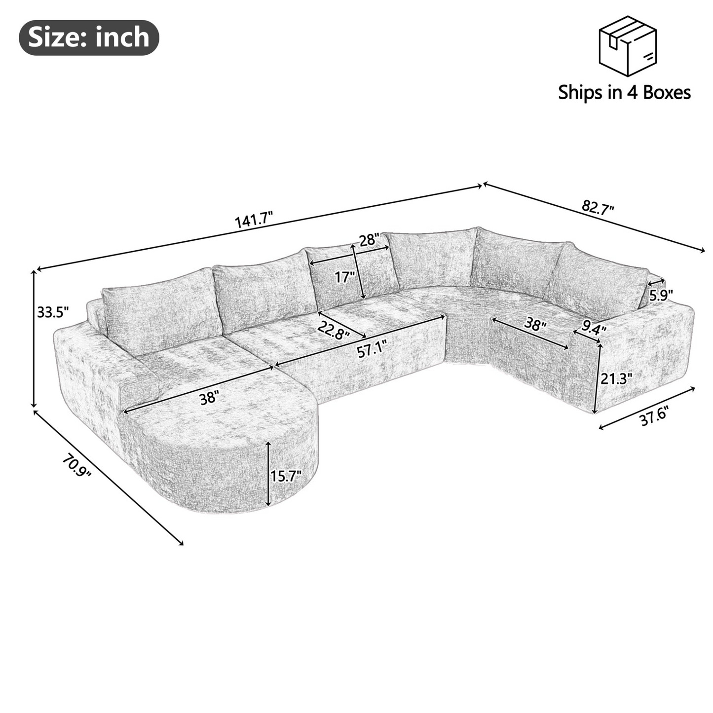 141.7" Oversized Modular Sofa Cloud Sectional Sofa Set Upholstered Couches U-shaped Sofa with Deep Seat for Living Room, Beige