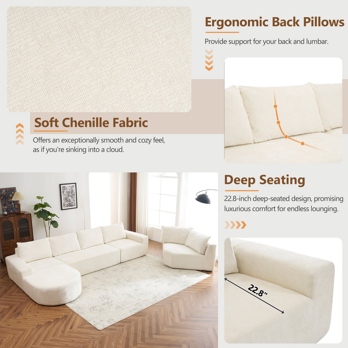 141.7" Oversized Modular Sofa Cloud Sectional Sofa Set Upholstered Couches U-shaped Sofa with Deep Seat for Living Room, Beige