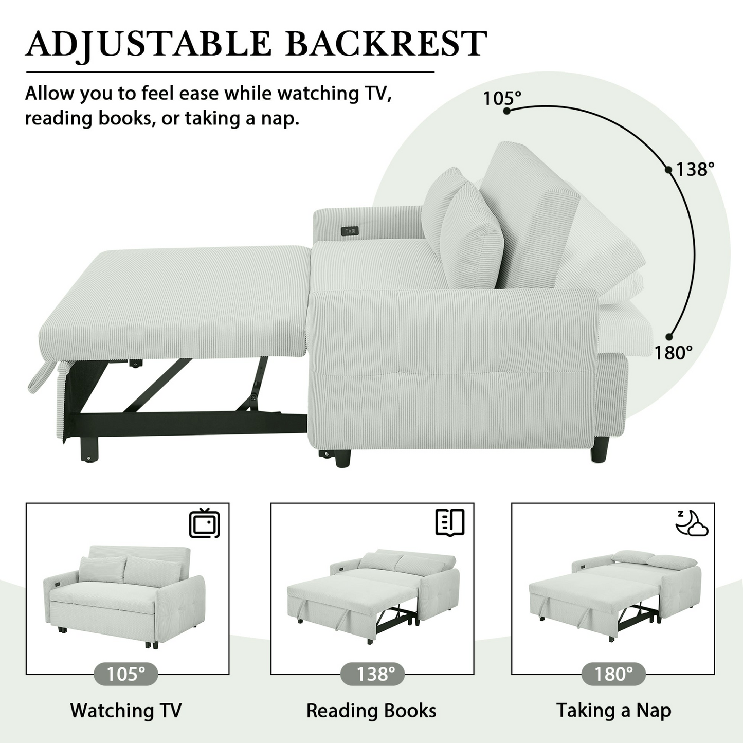 57.48" Pull-out Sofa Bed Convertible Couch 2 Seat Loveseat Sofa Modern Sleeper Sofa with Two Throw Pillows and USB Ports for Living Room, Light Grey-Green(Old Sku:WF317760AAE)