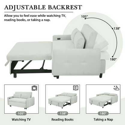 57.48" Pull-out Sofa Bed Convertible Couch 2 Seat Loveseat Sofa Modern Sleeper Sofa with Two Throw Pillows and USB Ports for Living Room, Light Grey-Green(Old Sku:WF317760AAE)
