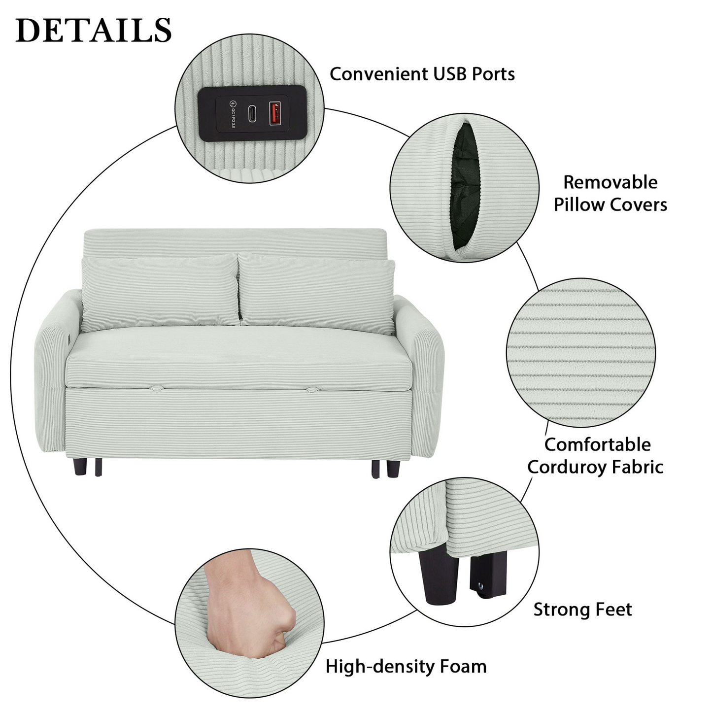 57.48" Pull-out Sofa Bed Convertible Couch 2 Seat Loveseat Sofa Modern Sleeper Sofa with Two Throw Pillows and USB Ports for Living Room, Light Grey-Green(Old Sku:WF317760AAE)